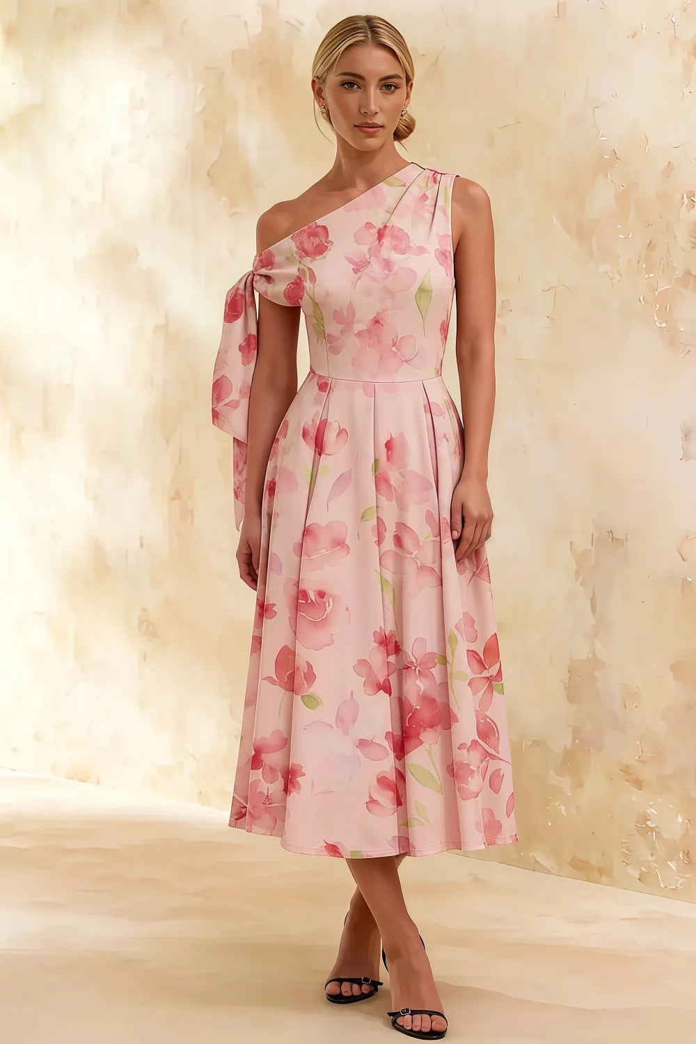 Vestido midi Gracie rosa claro floral con un solo hombro Imagen principal del producto