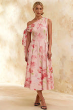 Gracie Light Pink Floral One Shoulder Midi Dress