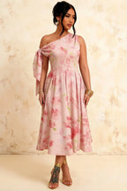 Gracie Light Pink Floral One Shoulder Midi Dress