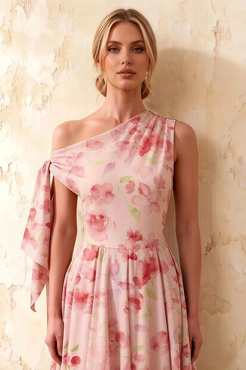 Gracie Light Pink Floral One Shoulder Midi Dress