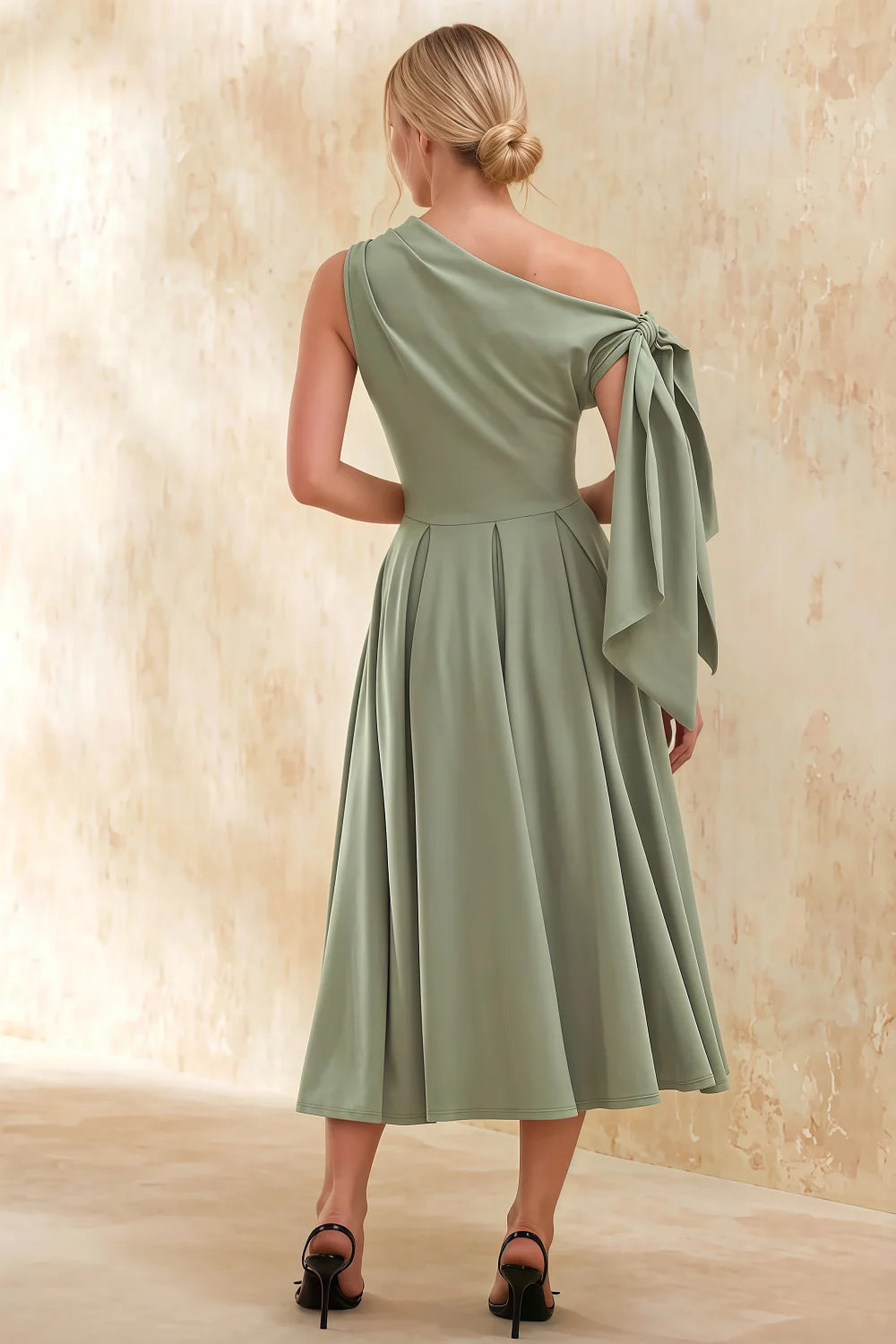 Gracie Mint Draped One Shoulder Midi Dress