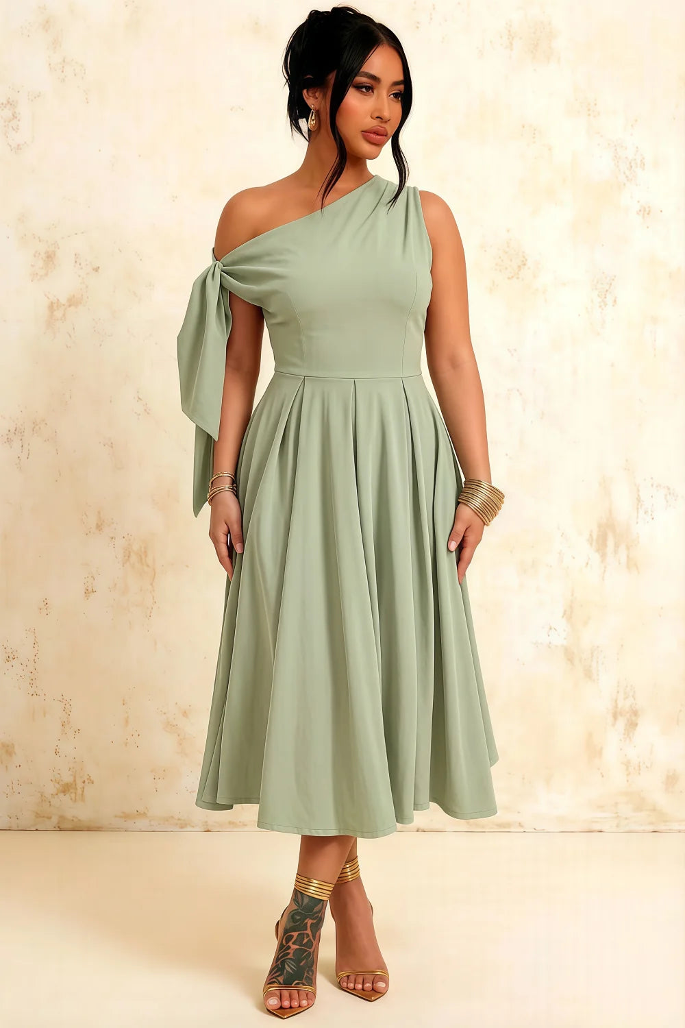 Gracie Mint Draped One Shoulder Midi Dress