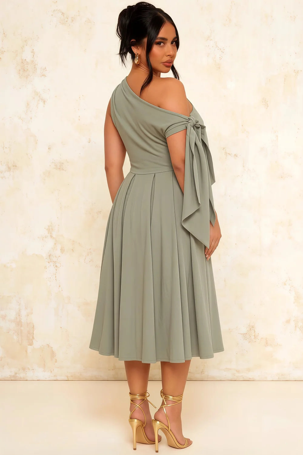 Gracie Mint Draped One Shoulder Midi Dress