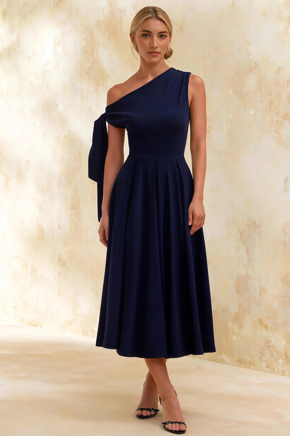 Gracie Navy Blue Kara One Shoulder Midi Dress | Elegant Knot Detail