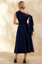 Gracie Navy Blue Kara One Shoulder Midi Dress | Elegant Knot Detail