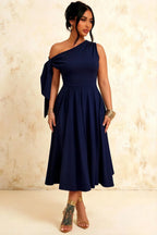 Gracie Navy Blue Kara One Shoulder Midi Dress | Elegant Knot Detail