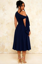 Gracie Navy Blue Kara One Shoulder Midi Dress | Elegant Knot Detail