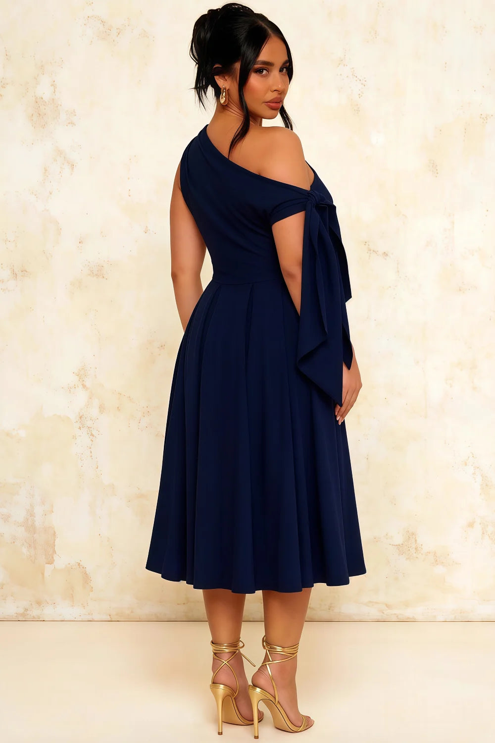 Gracie Navy Blue Kara One Shoulder Midi Dress | Elegant Knot Detail