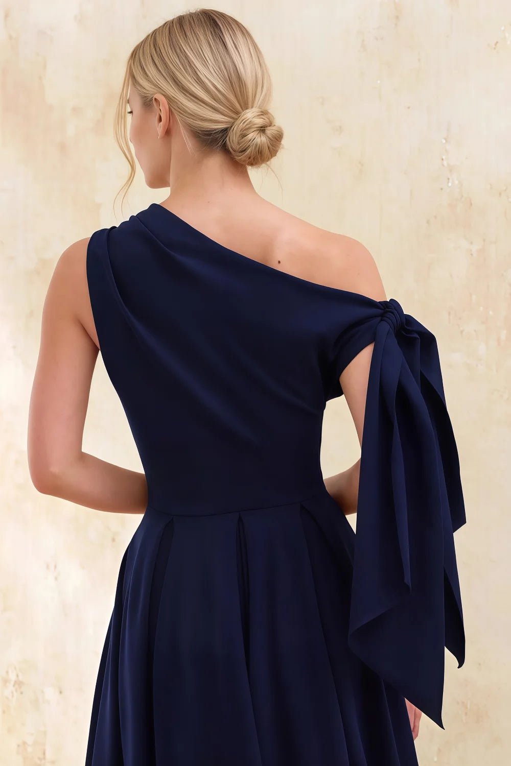 Gracie Navy Blue Kara One Shoulder Midi Dress | Elegant Knot Detail