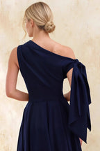 Gracie Navy Blue Kara One Shoulder Midi Dress | Elegant Knot Detail