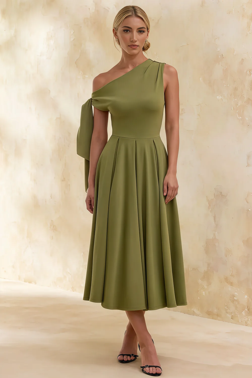 Gracie Olive One Shoulder Midi Dress | Asymmetric Knot Detail