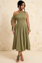 Gracie Olive One Shoulder Midi Dress | Asymmetric Knot Detail