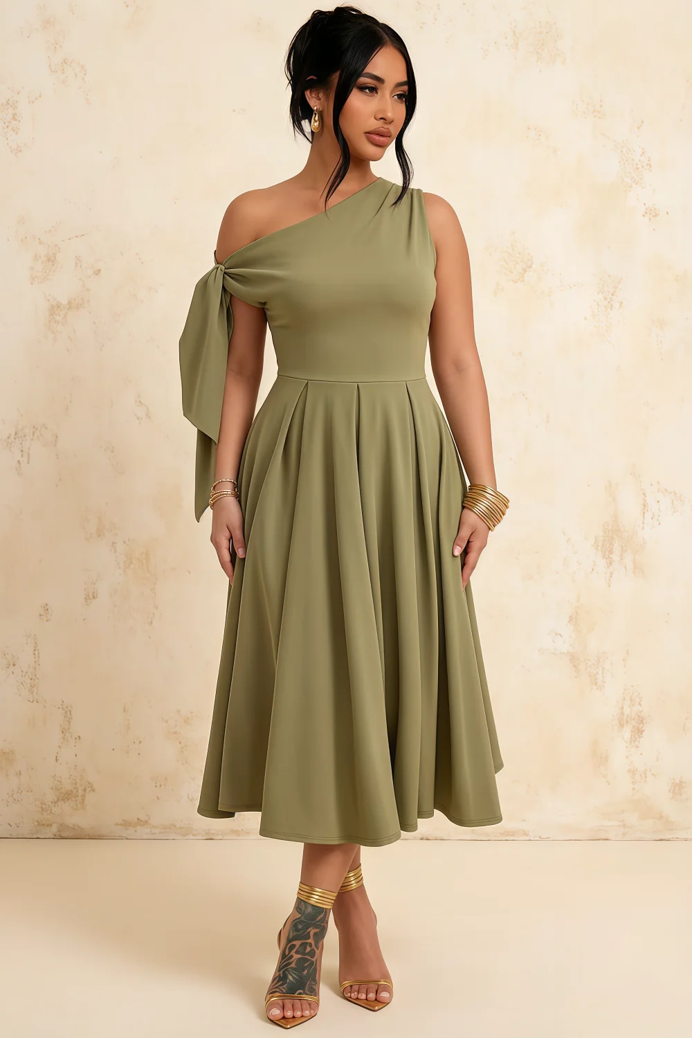 Gracie Olive One Shoulder Midi Dress | Asymmetric Knot Detail