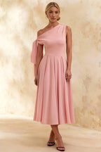 Gracie Pink One Shoulder Midi Dress | Knotted A-Line Dress