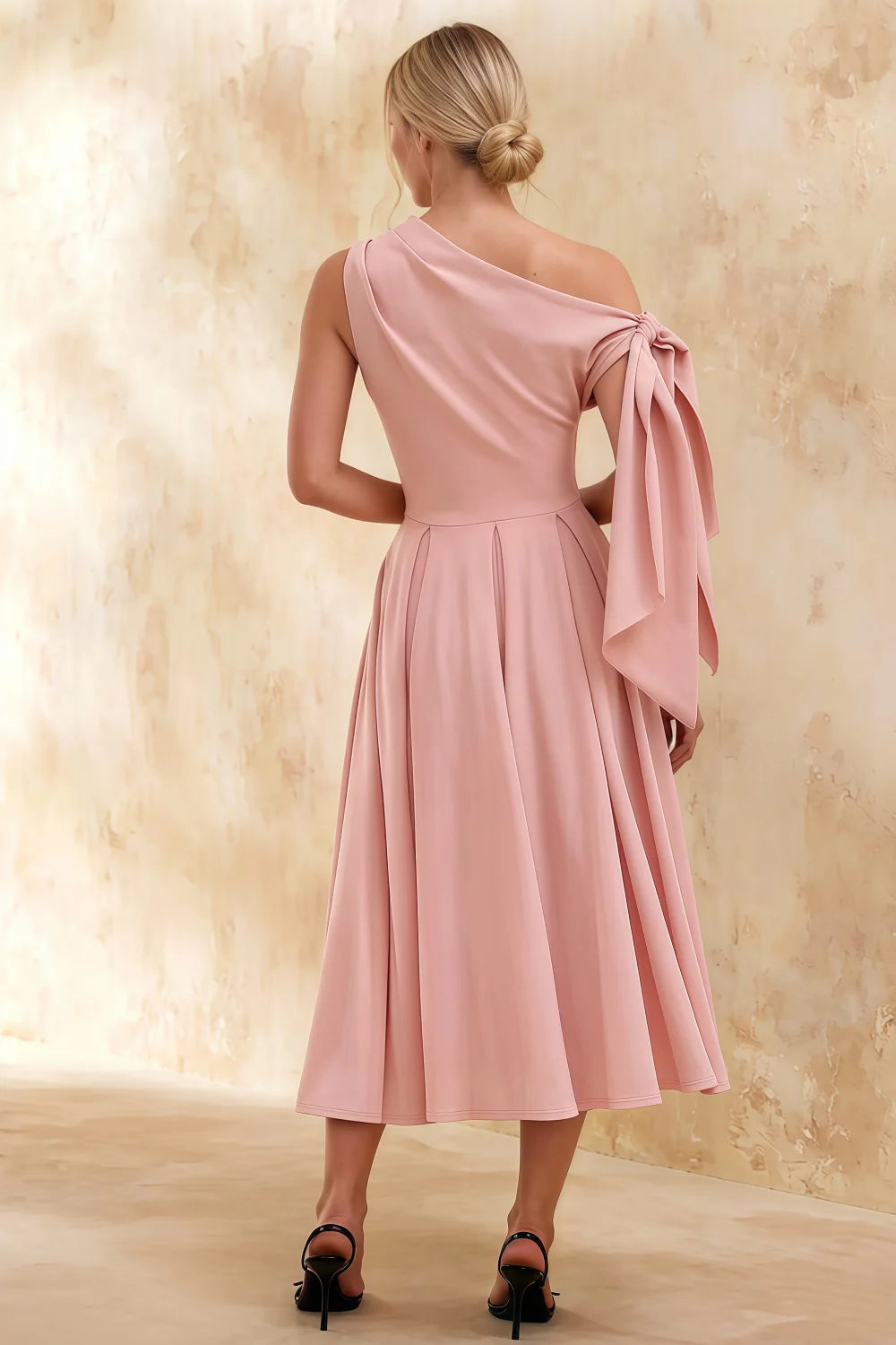 Gracie Pink One Shoulder Midi Dress | Knotted A-Line Dress