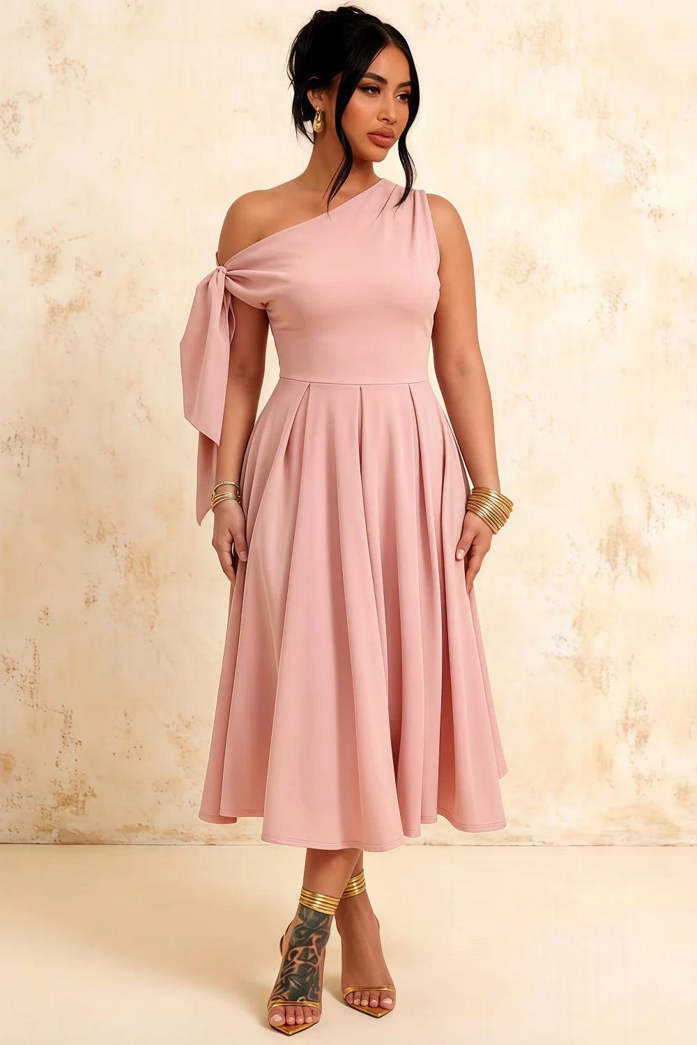 Gracie Pink One Shoulder Midi Dress | Knotted A-Line Dress