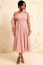 Gracie Pink One Shoulder Midi Dress | Knotted A-Line Dress