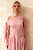 Gracie Pink One Shoulder Midi Dress | Knotted A-Line Dress