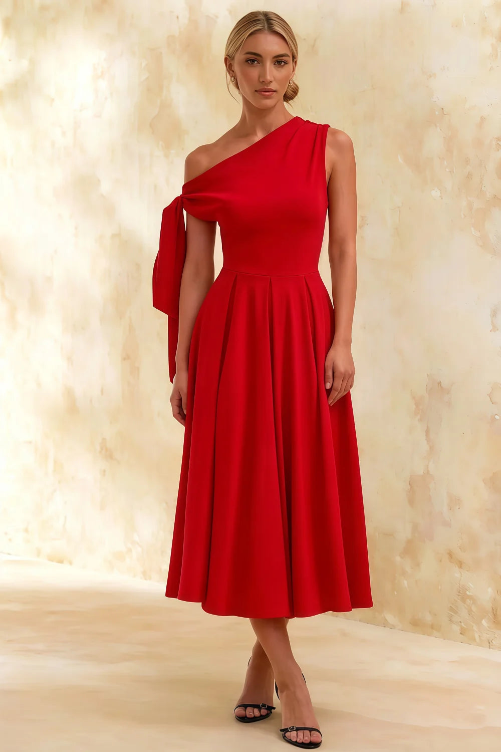 Gracie Red One Shoulder Midi Dress | Elegant A-Line Party Gown