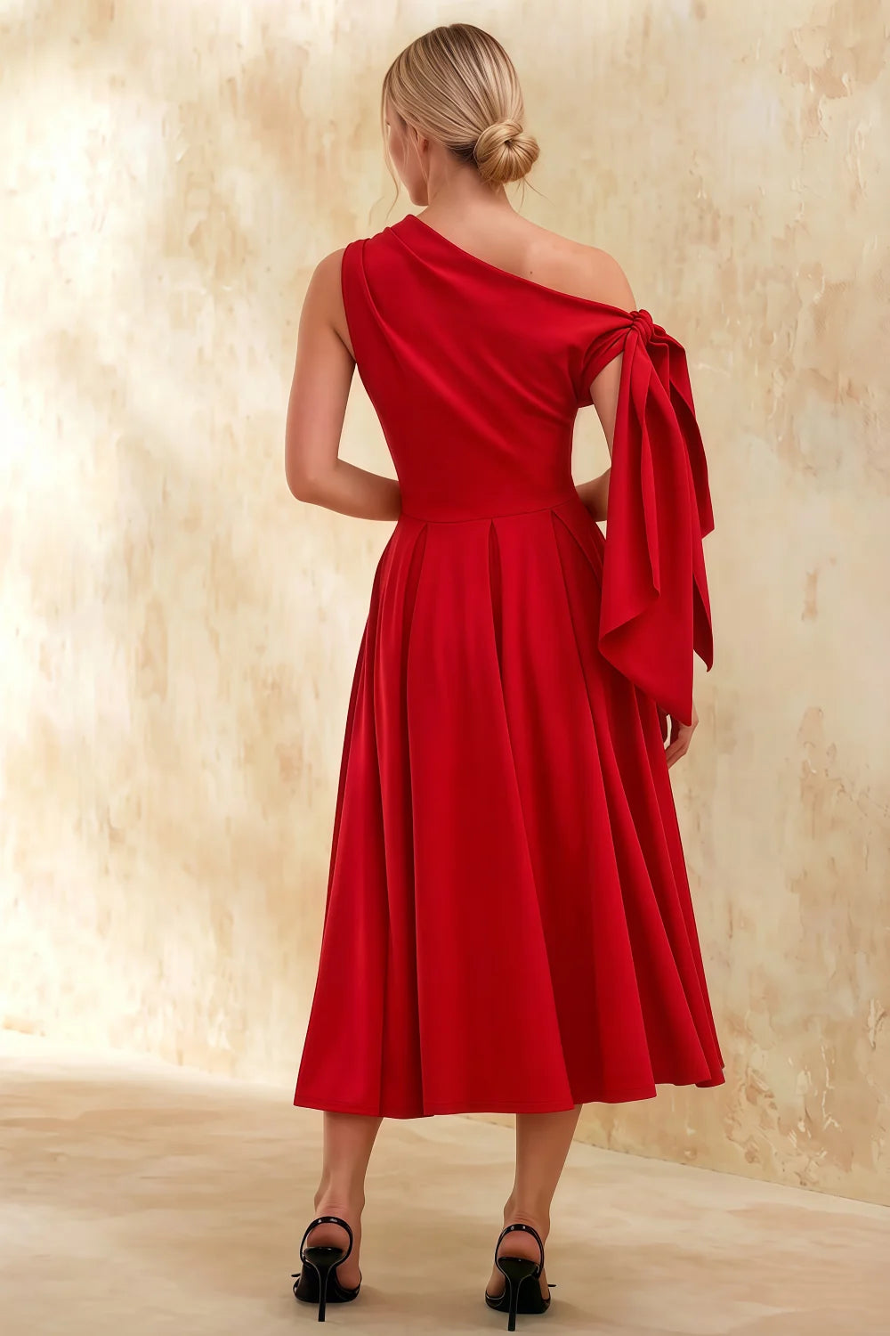 Gracie Red One Shoulder Midi Dress | Elegant A-Line Party Gown