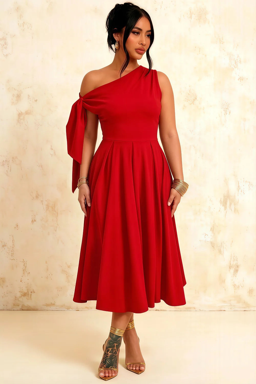 Gracie Red One Shoulder Midi Dress | Elegant A-Line Party Gown