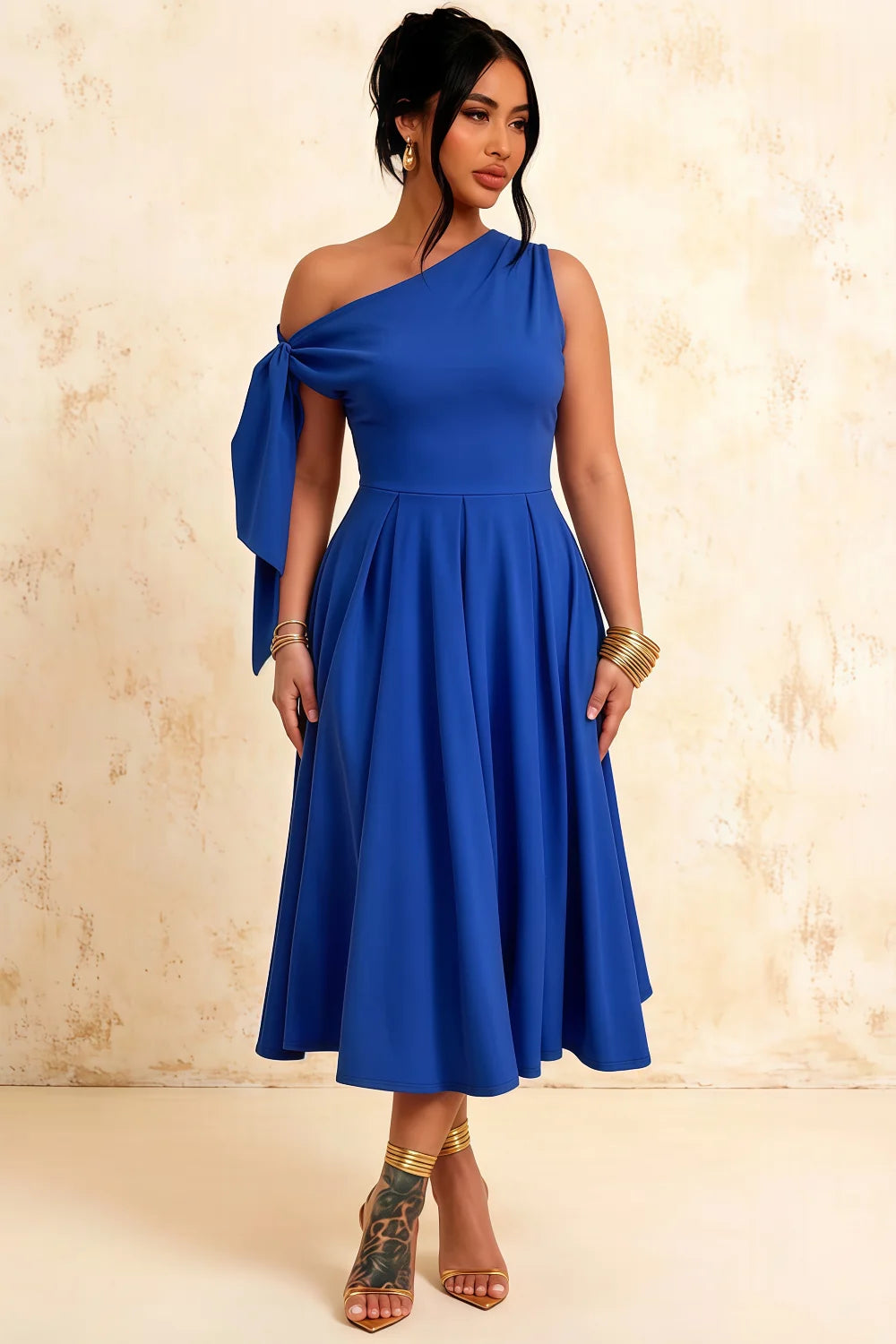 Gracie Royal Blue Midi Dress One Shoulder | Elegant A-Line