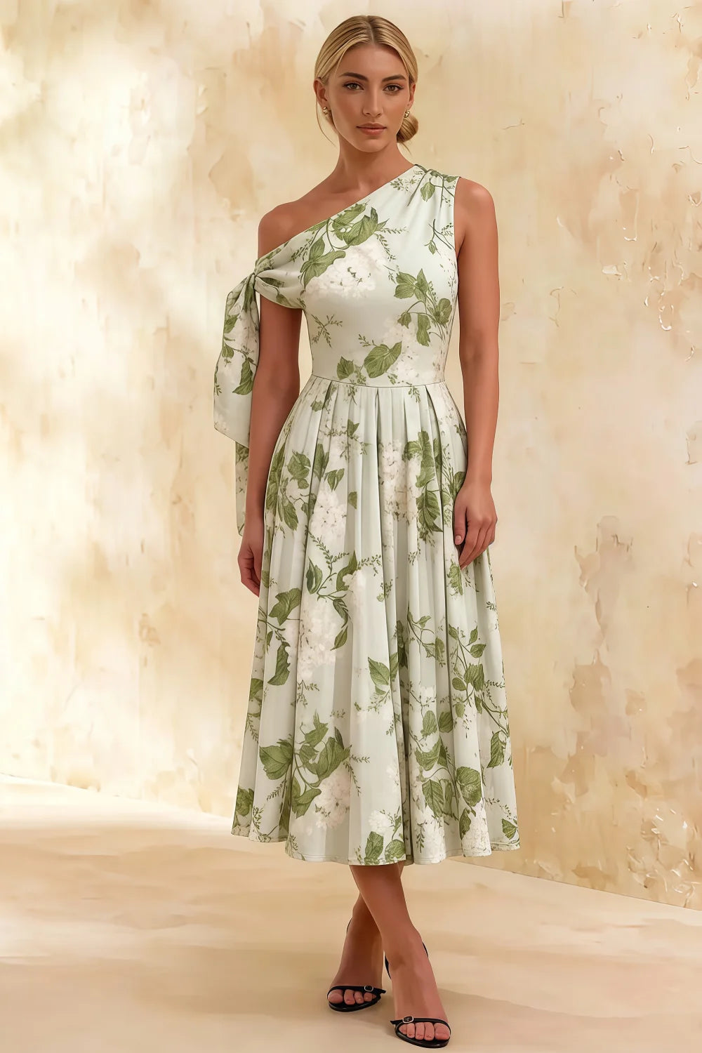 Gracie Sage Green Floral One Shoulder Midi Dress | Wedding Guest