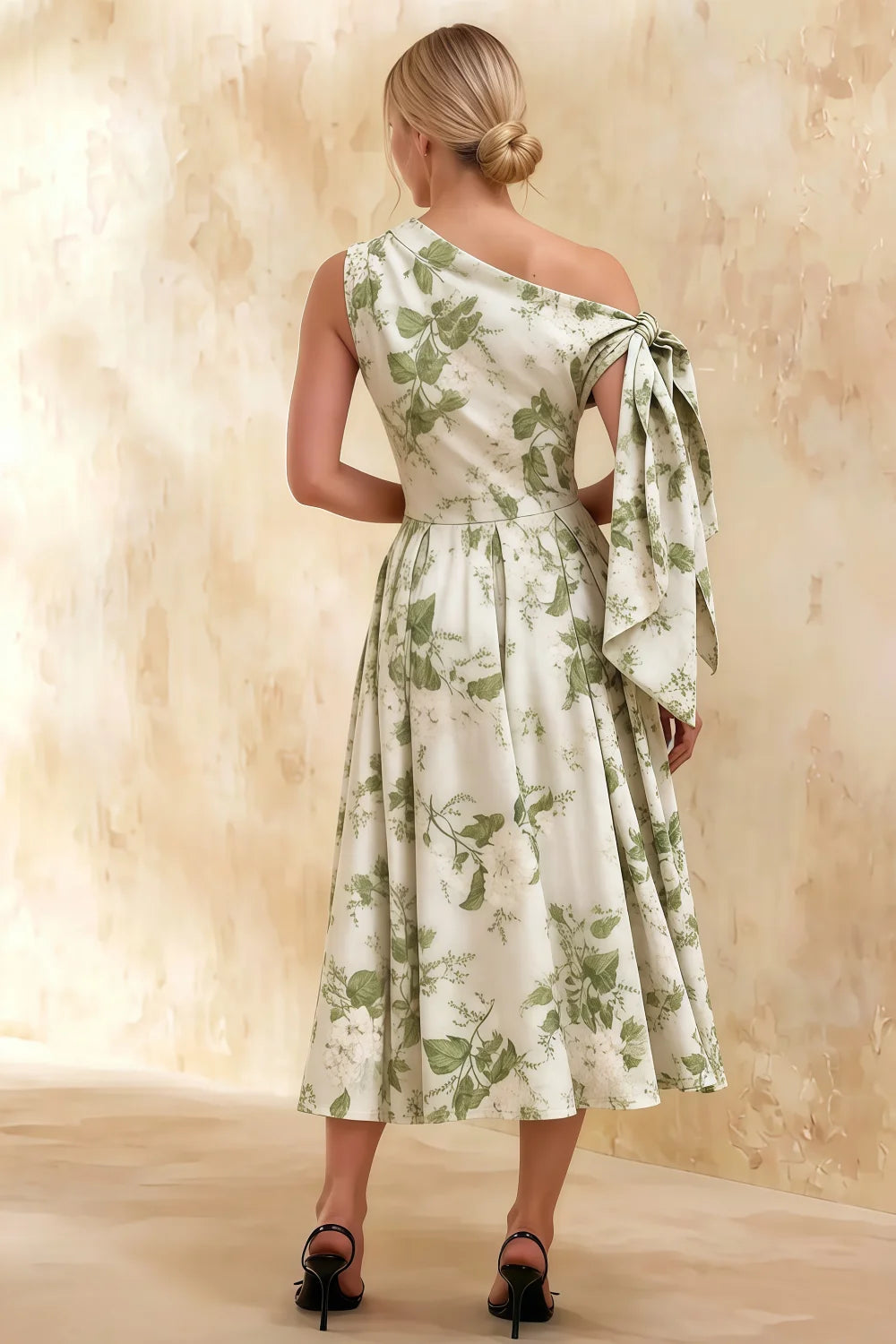 Gracie Sage Green Floral One Shoulder Midi Dress | Wedding Guest