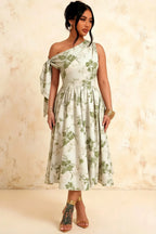 Gracie Sage Green Floral One Shoulder Midi Dress | Wedding Guest