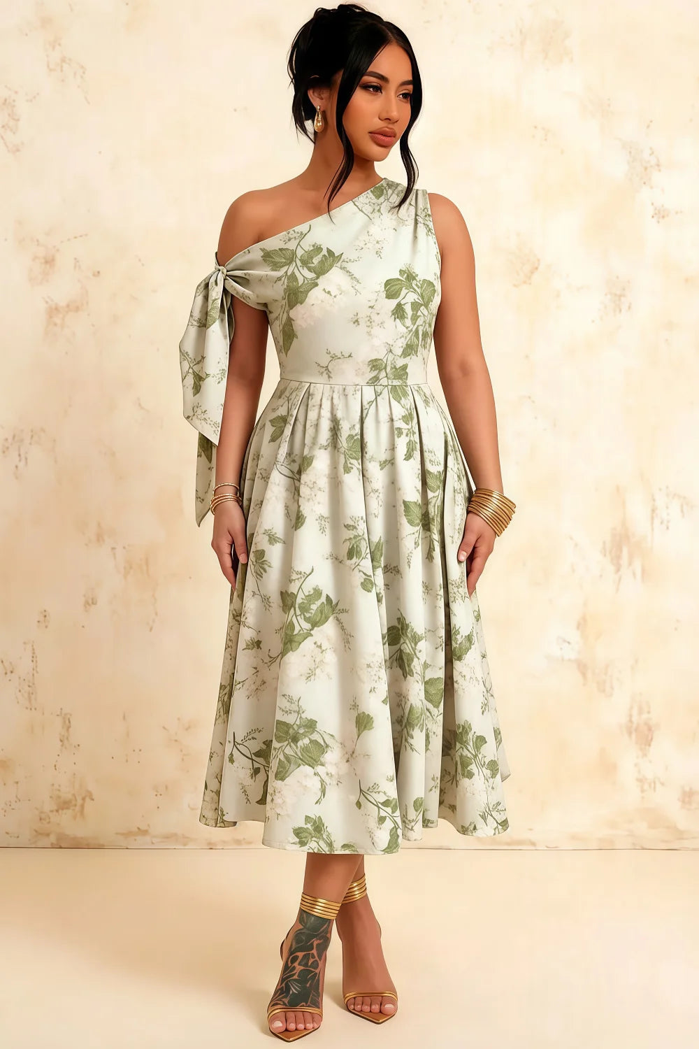 Gracie Sage Green Floral One Shoulder Midi Dress | Wedding Guest