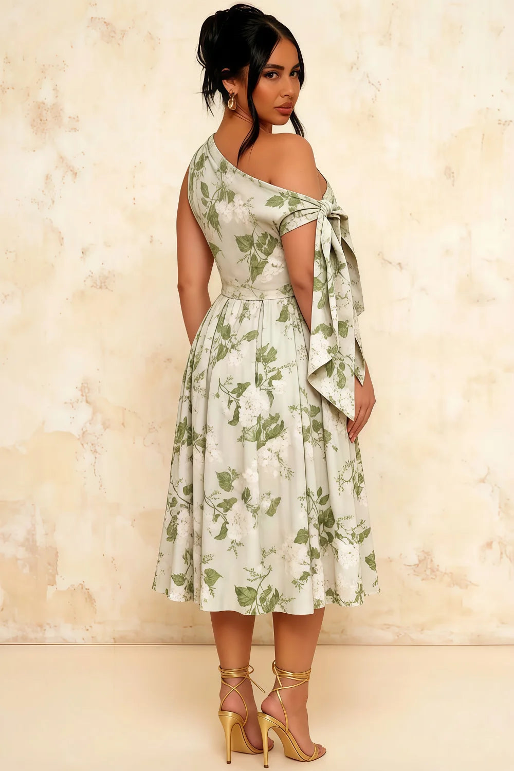 Gracie Sage Green Floral One Shoulder Midi Dress | Wedding Guest