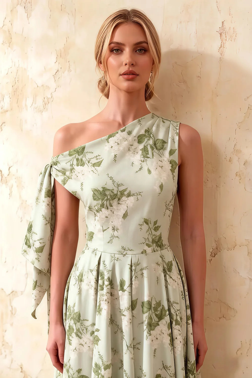 Gracie Sage Green Floral One Shoulder Midi Dress | Wedding Guest