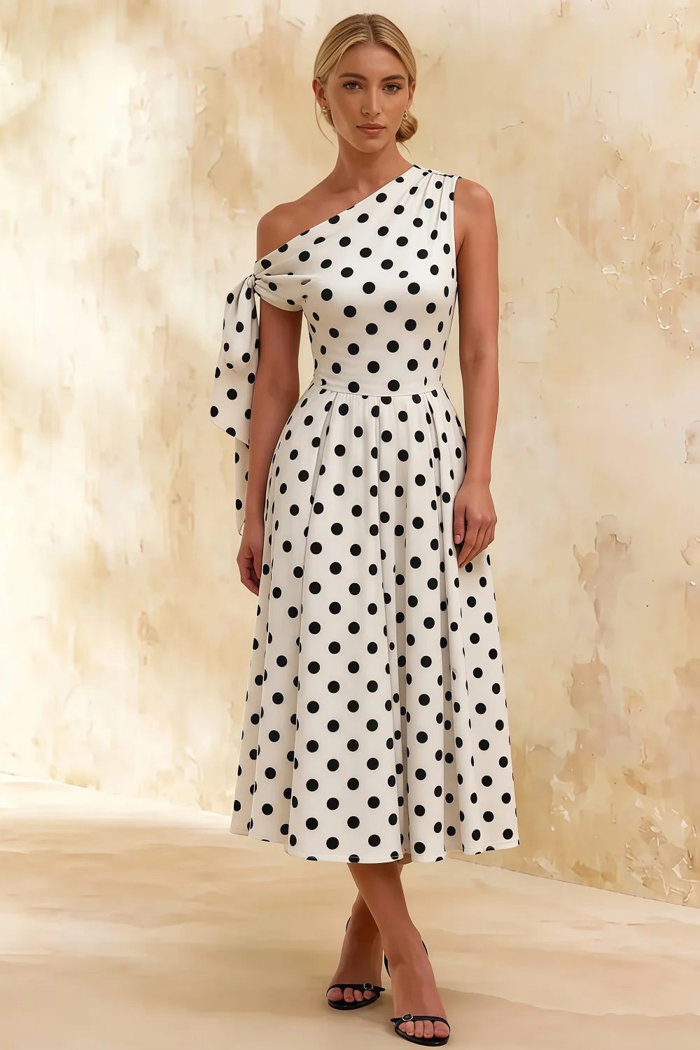 Gracie White Polka Dot One Shoulder Midi Dress