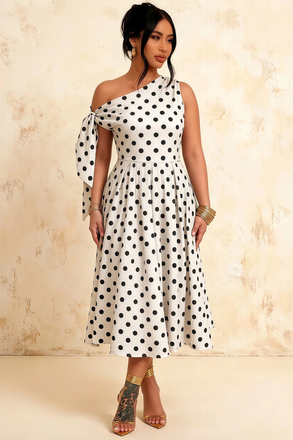 Gracie White Polka Dot One Shoulder Midi Dress