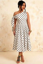 Gracie White Polka Dot One Shoulder Midi Dress