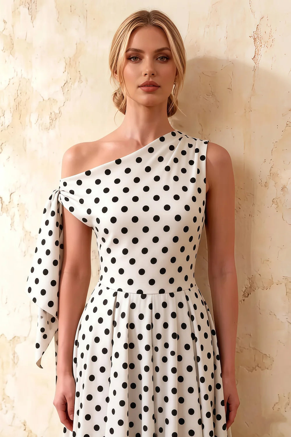 Gracie White Polka Dot One Shoulder Midi Dress