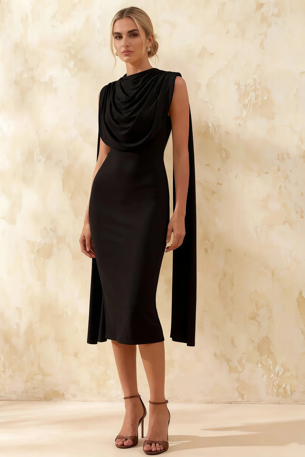 Gretchen Black High Neck Midi Dress with Draped Cape