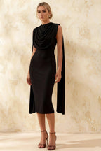 Gretchen Black High Neck Midi Dress with Draped Cape