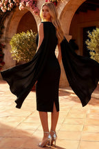 Gretchen Black High Neck Midi Dress with Draped Cape