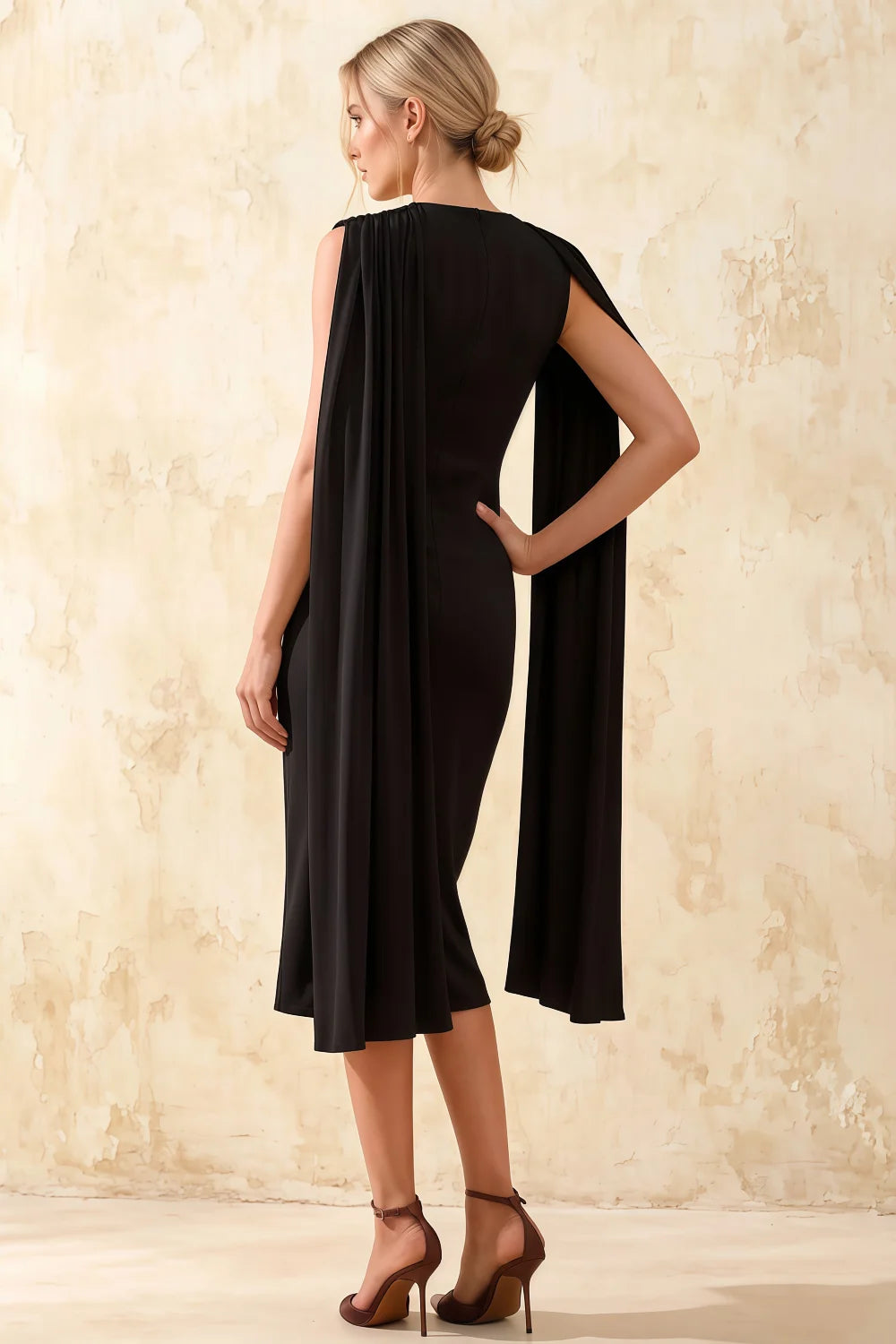 Gretchen Black High Neck Midi Dress with Draped Cape