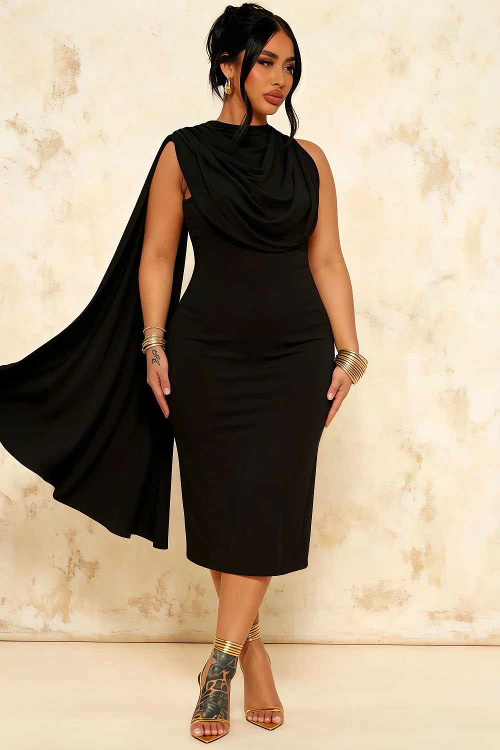 Gretchen Black High Neck Midi Dress with Draped Cape