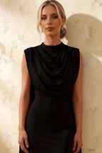 Gretchen Black High Neck Midi Dress with Draped Cape