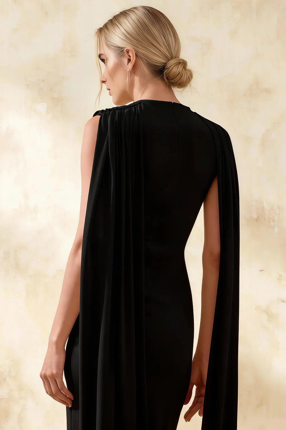Gretchen Black High Neck Midi Dress with Draped Cape