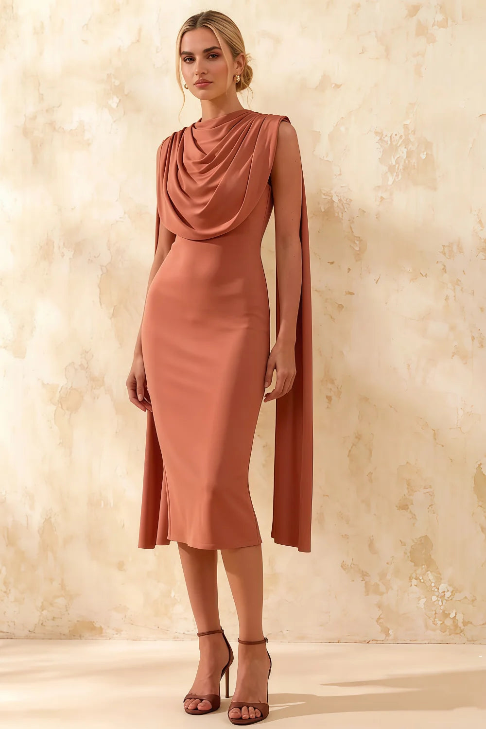 Gretchen Bronze Midi High Neck Dress with Cape Detail