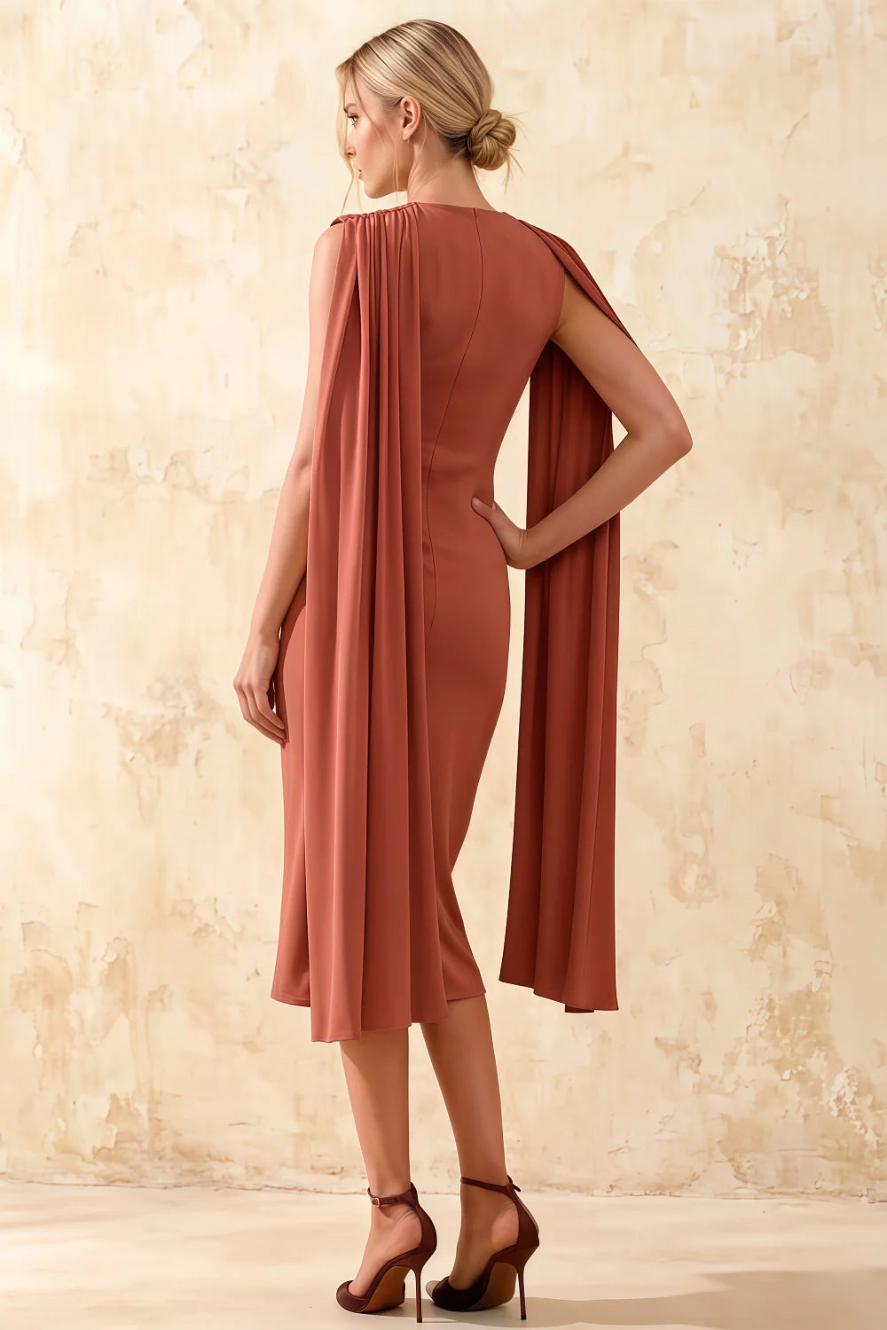 Gretchen Bronze Midi High Neck Dress with Cape Detail