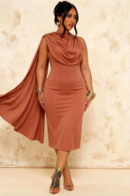 Gretchen Bronze Midi High Neck Dress with Cape Detail