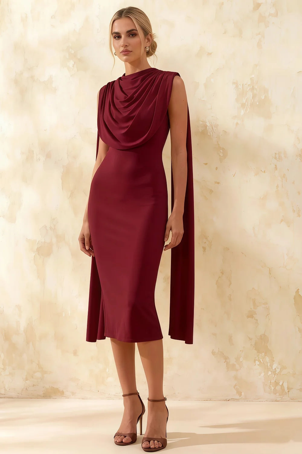 Gretchen Burgundy High Neck Satin Midi Dress with Cape Detail Main image