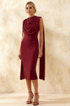 Gretchen Burgundy High Neck Satin Midi Dress with Cape Detail