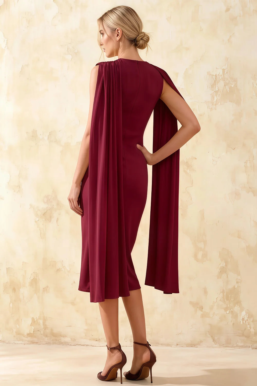 Gretchen Burgundy High Neck Satin Midi Dress with Cape Detail