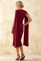 Gretchen Burgundy High Neck Satin Midi Dress with Cape Detail